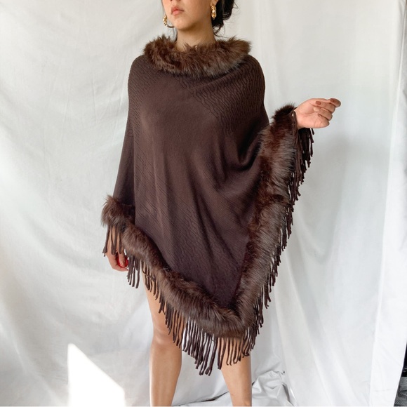 Brown faux fur tassel poncho duster - Picture 4 of 7